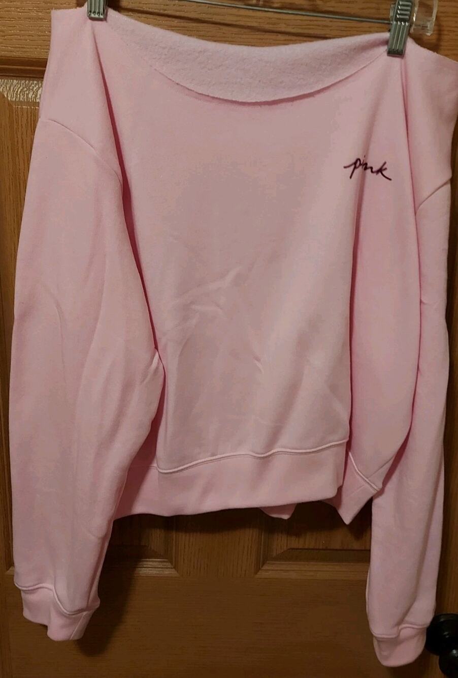 Victoria’s Secret PINK Off Shoulder Sweatshirt XL Pink Tulip Crop Crew NWT
